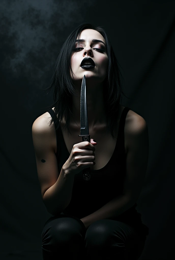 Realism, super quality, portrait photography style, a defeated woman kneels, woman holds the tip of the knife to her own throat, knife stab in the throat, Her head is thrown back strongly, the woman has a large manly Adams apple, (woman is  goth girl, thro...