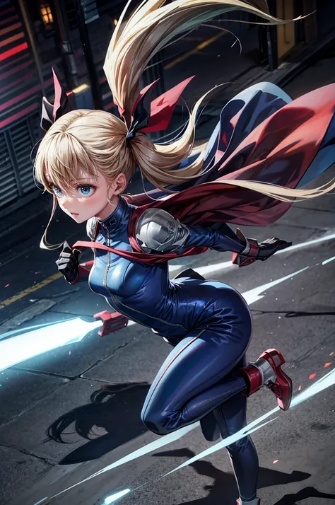 Light blue long hair、Beautiful twin-tailed phantom thief、Slatted body shape、Red pantsuit、Running through the streets