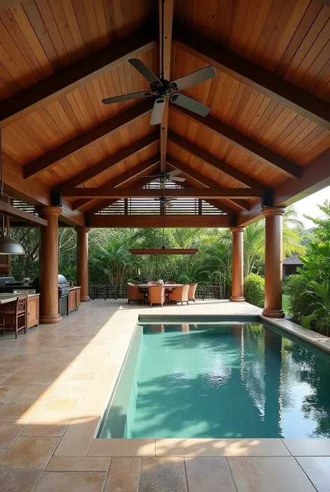 Exposed wooden roof veranda in L shape with a resort-style kiosk joint, with three round posts on the ground and ceramic tiles where there is a barbecue area with a pool around it. One floor only