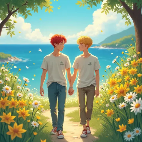 Redheaded Jeongin and blonde Hyunjin, from Stray Kids. Redheaded boy and a blonde boy walking together, holding hands on a path full of flowers (daffodils, daisies, etc), with the sea visible in the background, ultra-detailed, extremely realistic, photorea...