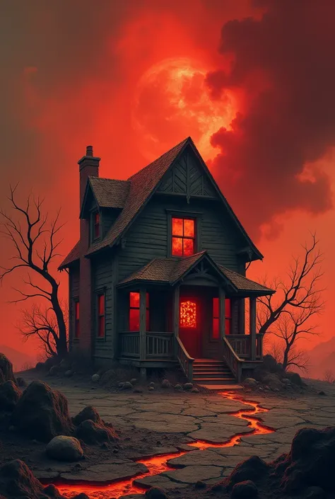 A cozy but also somewhat abandoned house in the cold part of hell. Show that it really is hell. Put demons outside.