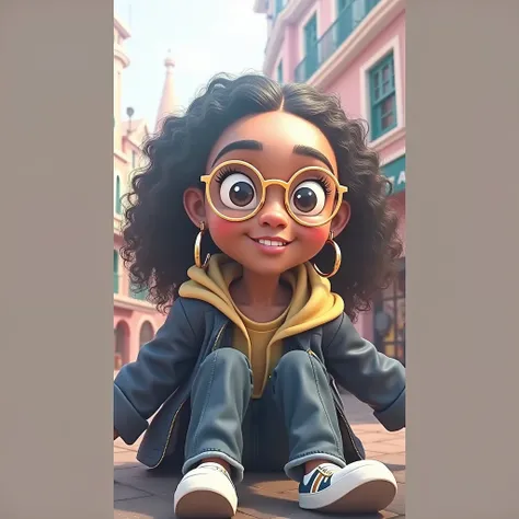 Disney  pixar carton 3D. Black woman with golden glasses, curly hair. sitting in the square.  