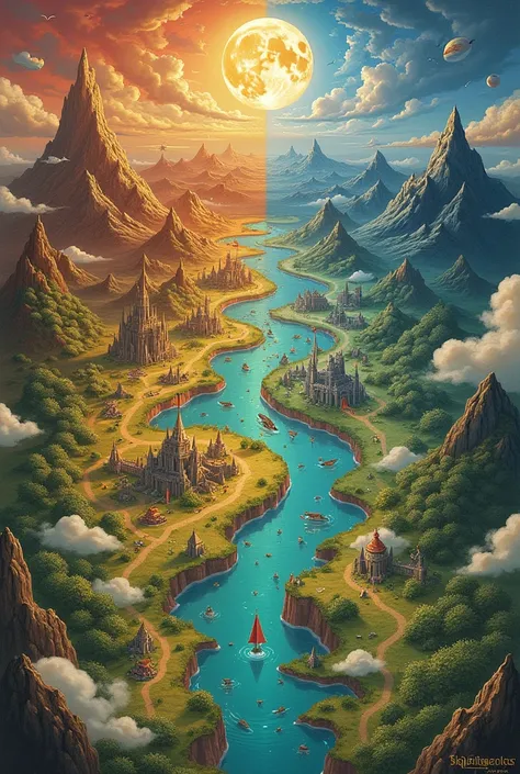 
Create a Fantasy Map for Sun Kingdom and Moon Kingdom Book, make it like a map from any other fantasy book, mas so a base, not very realistic Make a nice map, big and similar to a map They are two different and separate kingdoms!!!