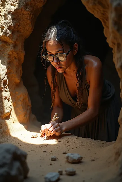 A cavewoman with glasses carving
