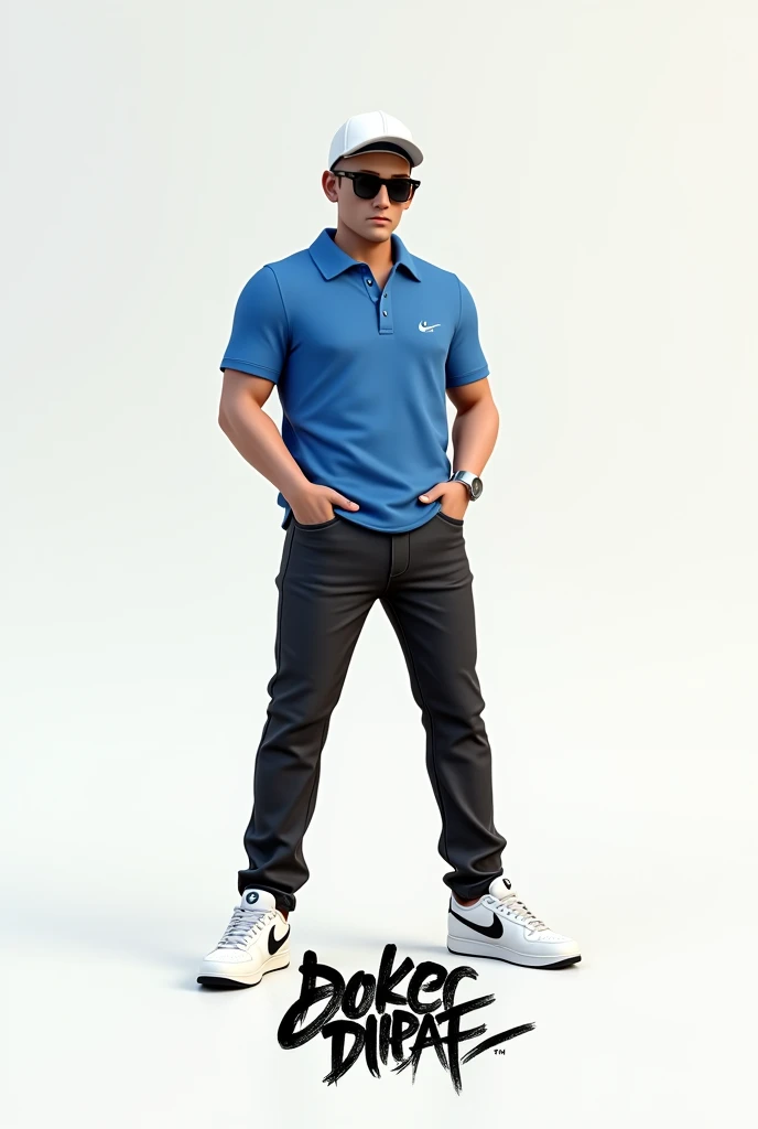 Create a realistic character with a medium height white background, light skin color, Sunglasses, blue polo shirt, black denim pants, white Nike tennis shoes, Put on a white baking hat, Below the character place a small text that says Pan El Jony Dan in bl...