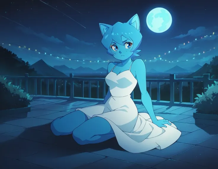 nicole watterson, blue skin, blue hair, cat ears, blue eyes, outdoors, sitting on floor, white dress, beautiful dress, looking t...