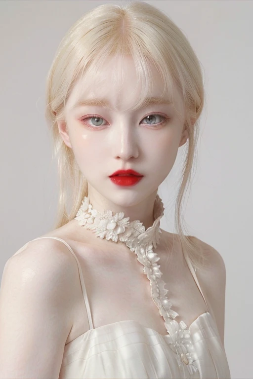 a close up of a woman with a Red lipstick and a white dress, pale porcelain skin, pale ivory skin, pale ivory skin, faint Red lips, light-Red lips, pale porcelain white skin, pale white skin, Red lips, pale and beautiful skin, beautiful pale makeup, with p...