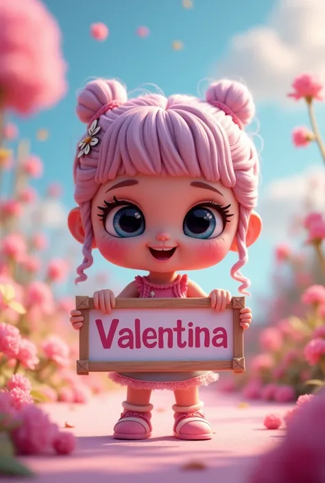 Create an image that has an animated Lele Doll with a sign saying VALENTINA&#39;s name