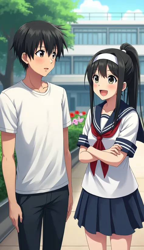 High school students of both sexes、Japanese、Multiple Images、The boy has black hair、Short Hair、7:3 parting、Sports haircut、White short-sleeved shirt、Black trousers、The girl has black hair、Headband、ponytail、Shortcuts、Short-sleeved sailor uniform、Navy Blue Ski...