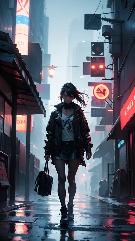 a defeated heroine,walking backwards,in the rain,torn clothes,city street at night,neon colored lights,cinematic,moody atmosphere,dramatic lighting,dark and gritty,highly detailed,photorealistic,8k,award winning digital art,dramatic scene,emotional express...