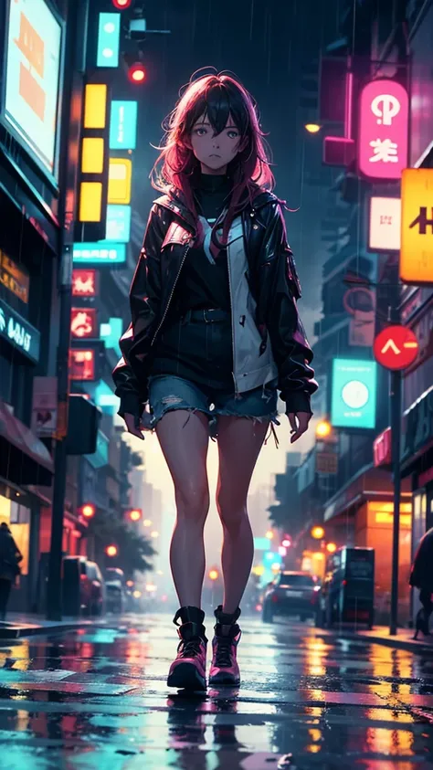 A defeated heroine walking backwards, in the rain with torn clothes, walks down a street at night, the city lights are neon colored