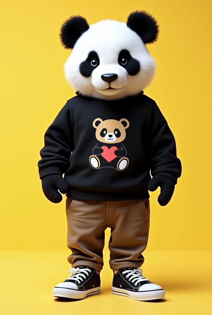 create a realistic panda with two hands and two feet from the front with pants and sneakers and a black shirt with a teddy print, cream yellow background, high resolution image