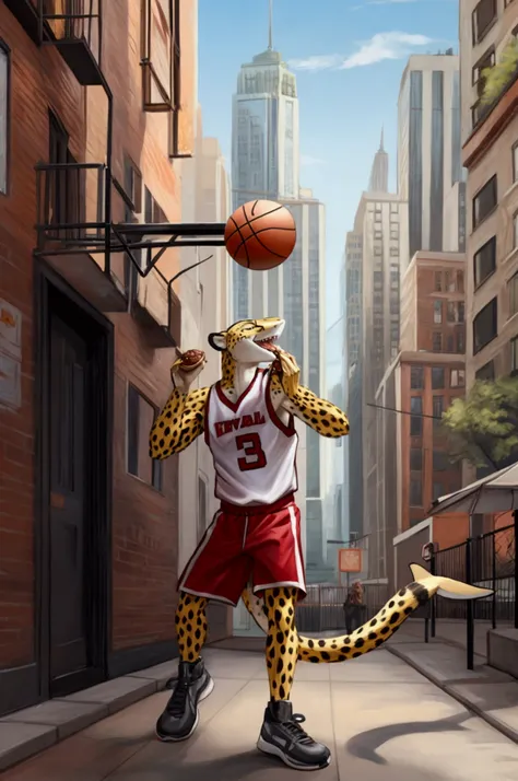 create a cheetah with a shark head playing basketball and eating dumplings in manhattan