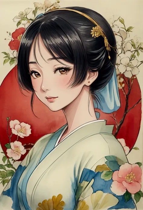 A beautiful 30-year-old Japanese woman depicted as a Showa-era movie star, painted in watercolor style. The composition follows the golden ratio, highlighting her elegance and glamour reminiscent of the golden age of Japanese cinema. Her pose and expressio...