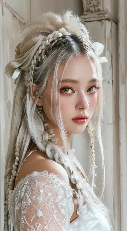 a close-up of a woman in a white dress and a lace headdress., white braids, cyberpunk rococo, she looks like a mixture of dirt, ...