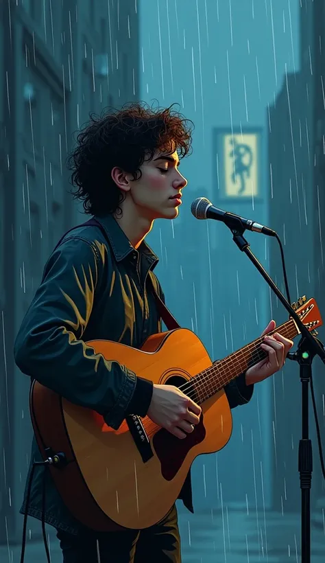 a musician playing a melancholic tune in the rain, with tears mixing with the notes of their guitar. dynamic view, american cartoon style illustration