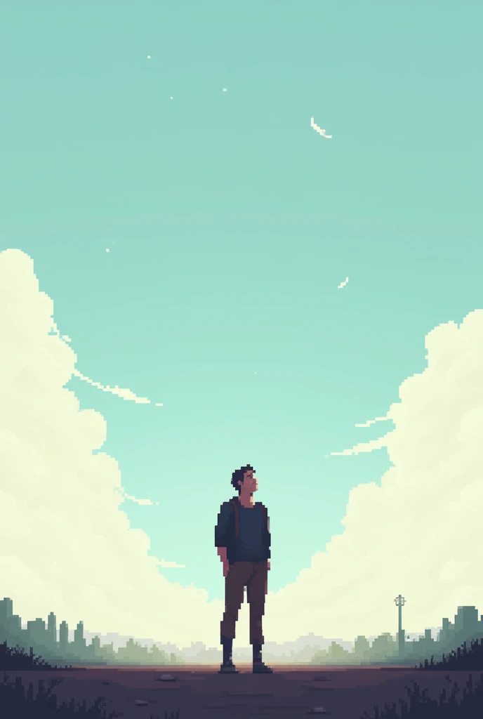 free man looking at the sky in pixel art the image that is wide
