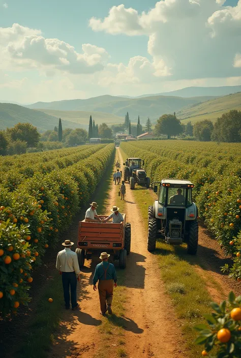 I need agricultural producer day , where is lemon , orange , field machines , and with real people , very realistic and a bit far away