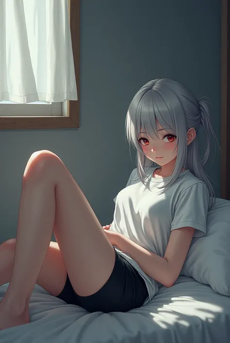 Linda, , japanese, silver hair, reddish eyes, lying on her bed, white shirt and tight black shorts, bored