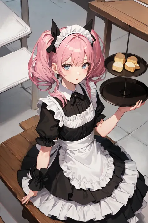 ((Highest quality)), ((masterpiece)), (detailed), One girl,Pink hair twintails,Maid clothes,White apron,tray