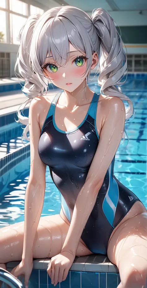 Ultra high resolution, rich colors, perfect image, top quality, detailed image, beautiful woman, glowing skin, skin and clothing texture, delicate eyes, school pool, poolside, competitive swimsuit, wet body, knees up, silver hair twin tails, green eyes