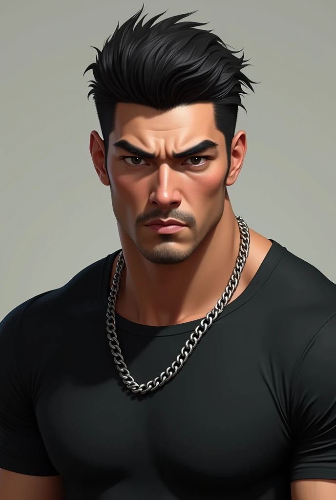 Man with Japanese facial features, black eyes and hair with military quiff, face with strong masculine features, Light brown skin, thick lips, thick, angular eyebrows, broadshouldered, black t-shirt and silver chain.