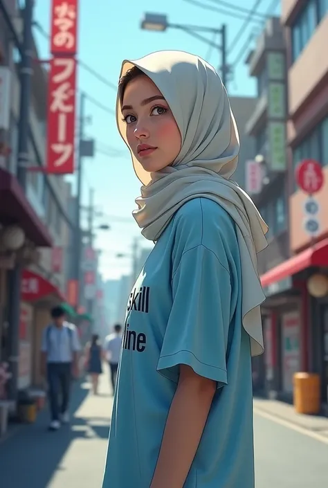 A girl in a hijab looks forward wearing a light blue t-shirt with the words MULTISKILL ALLINE written on the back on a Japanese street.
