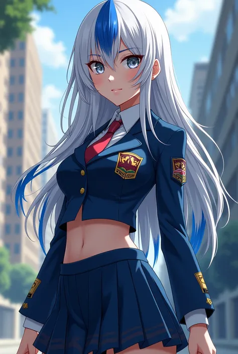 Well I want you to create a GIRL who has an hourglass body., white hair with blue streaks, and have grey eyes, So inspired by My hero Academia and with the UA uniform on a daily basis 