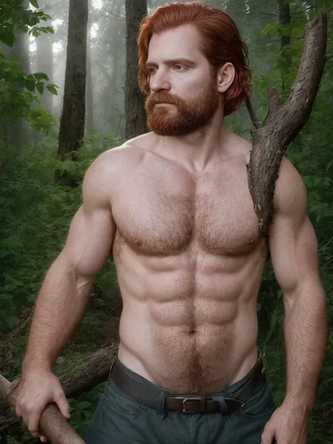 a rugged and determined male lumberjack with fiery red hair, wearing a sturdy lumberjack outfit, holding a large axe resting on his shoulder while standing in a dense forest, sunlight filtering through the trees creating patterns of light and shadow on the...