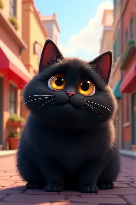 A furry fat black cat with yellow eyes named Peché with a background of the movie The Secret Life of Pets by Pizarro