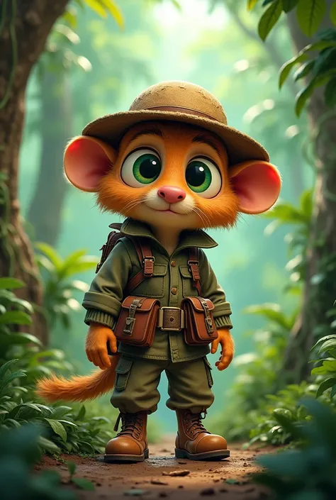 I NEED YOU TO MAKE ME A CARTOON OF A JUNGLE EXPLORER WITH GREEN BULGING EYES , small nose , HIS CLOTHES ARE LIKE THE SOLDIERS&#39; BUT SCRATCHED 
