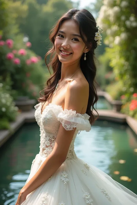 Beautiful girl wearing wedding dress in beautiful garden where the picture is very realistic