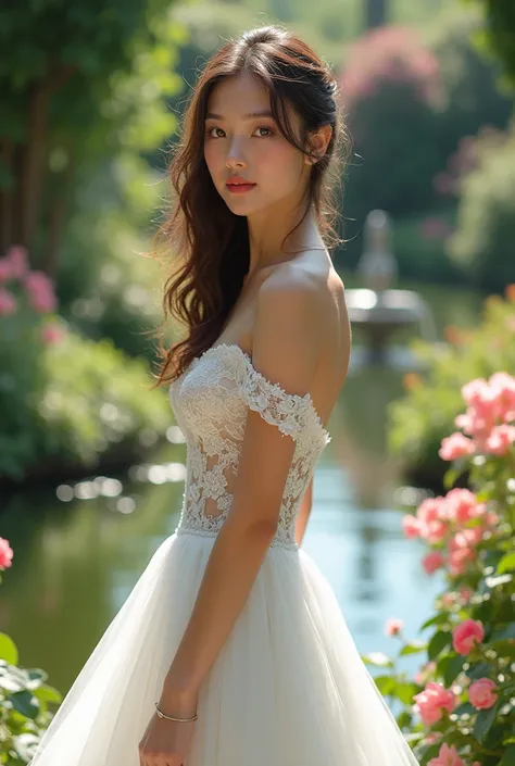 Beautiful girl wearing wedding dress in beautiful garden where the picture is very realistic