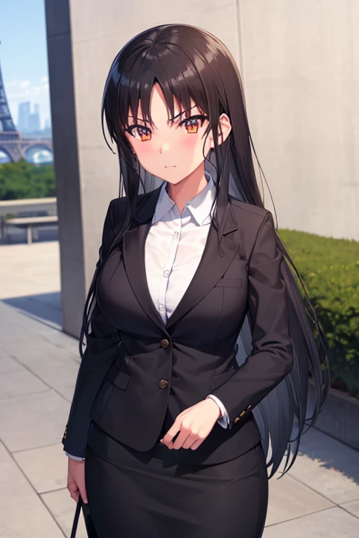 1girl, suzune horikita, suit, office lady, black skirt, black blazer, pencil skirt, white shirt, collared shirt, long hair, teenager, looking at viewer, full body, europe, france, paris, eiffel tower