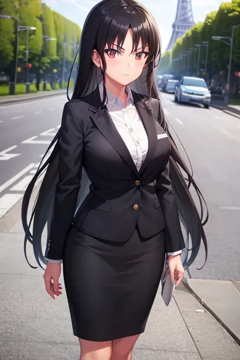 1girl, suzune horikita, suit, office lady, black skirt, black blazer, pencil skirt, white shirt, collared shirt, long hair, teenager, looking at viewer, full body, europe, france, paris, eiffel tower