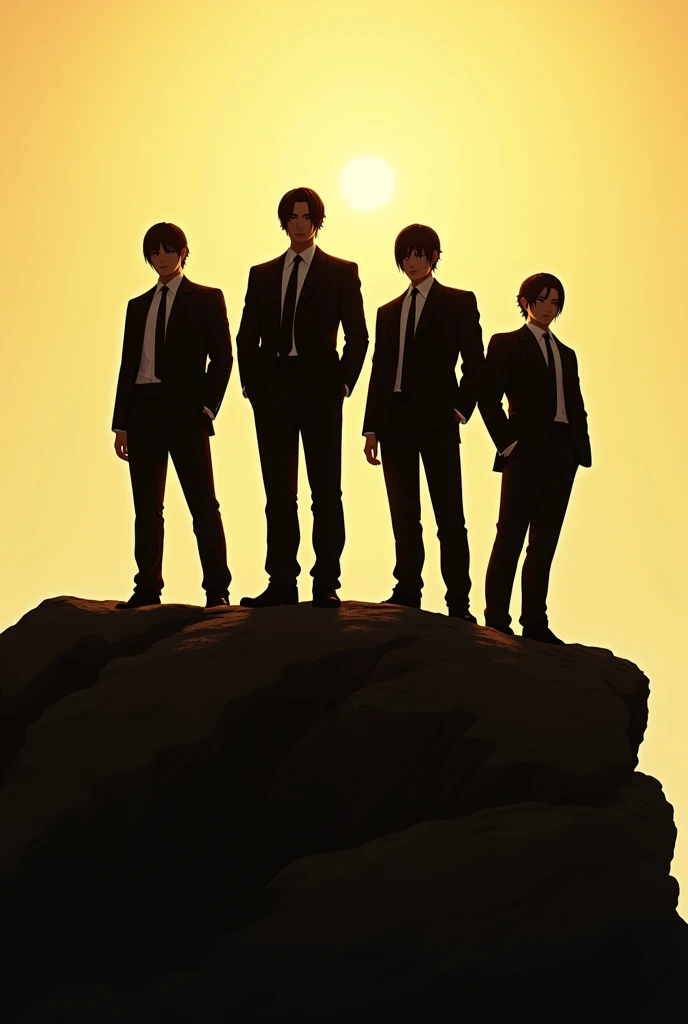 Silhouette of four straight-haired men wearing suits standing on a rock in the sunlight