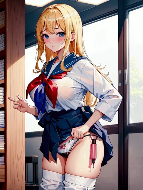 Highest quality, masterpiece, Ultra-high resolution, female、Big Breasts、Student Council President、Reluctantly taking off her Japanese uniform、Visible underwear、Warehouse Classroom、blush、Blonde、Feeling facial expression、Vibrator inserted under pants、I can&#...