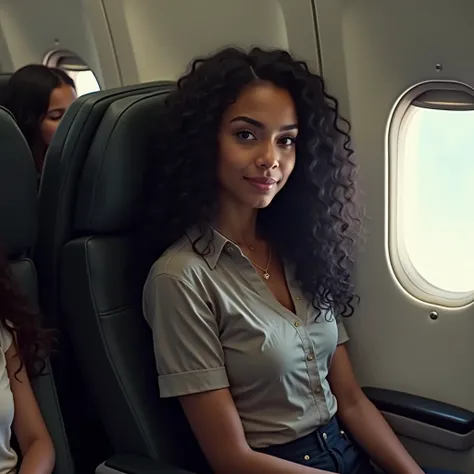 realistic photo of a (pretty girl, 20 years old, brunette, black eyes) seat down into a crowded commercial plane, (full lips) , ((perfect face)), [[mild smile]], proportionate body,mixed white latina herritage, nubyan nose, beautyfull, beautyfull face, tan...