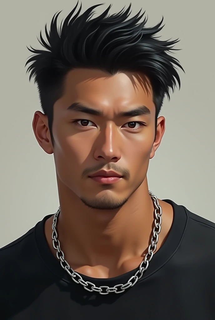 Man with Japanese facial features, black eyes and hair with military quiff, face with strong masculine features, Light brown skin, thick lips, thick, angular eyebrows, friendly face, broadshouldered, black t-shirt and silver chain.