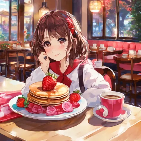 Bright colored artwork,Cafe, Azuna yuuki💕, BREAK Fluffy pancakes, Hearts drawn with strawberry and chocolate sauce, BREAK with coffee, attractive azuna looking at you, Coffee offered to you with gentle hands, ARW