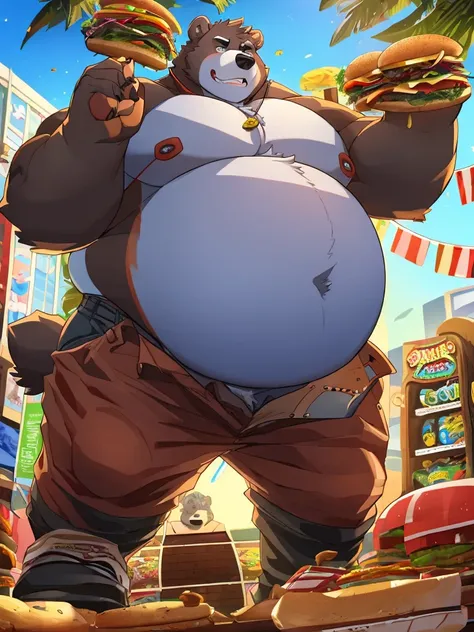 Fat anthro bear, tight button-up, kinky, smirk, 4k, masterpiece, masculine, manly, attractive, round belly, taut belly, standing, burgers everywhere, obese, very round belly, cocky face, giant belly, pants popped open, ((fatter belly)), (((belly inflation)...