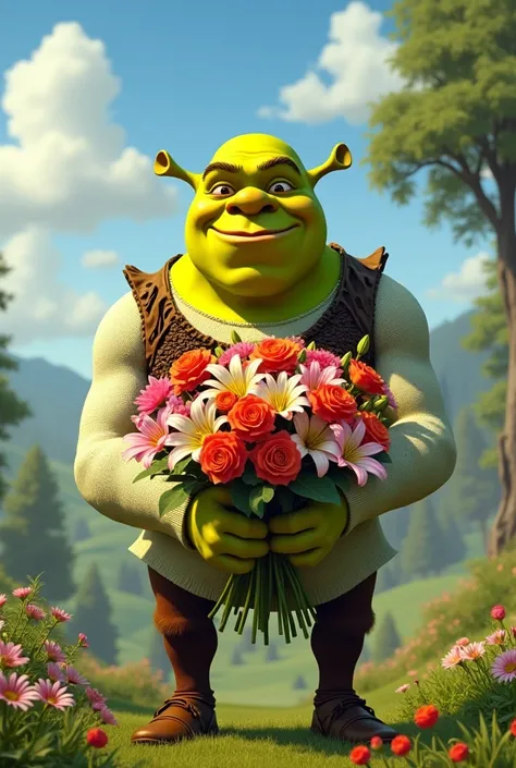 shrek holding bouquet of flowers 