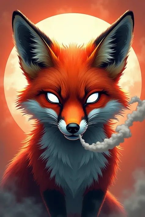 I want a circular 2D animated t-shirt design,  I want a fox facing me with its mouth half open, from which smoke is coming out,  and that their eyes are completely white, no pupils. The style should be lively, maintaining the same detailed and aggressive a...