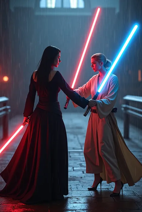 a lightsaber fight between a sith (long black straight hair, (30 years old, hourglass figure, perfect fit body, natural big breasts), femme fatale, Long eye lashes, seductive eyes, Award Winning Glamour Photograph extremely detailed award winning glamour p...