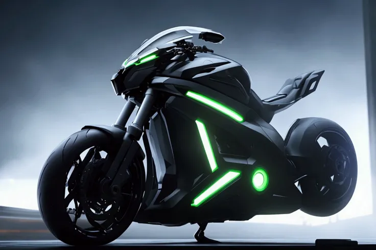 a futuristic cyberpunk motorcycle, hyper detailed, intricate mechanical parts, glowing neon highlights, sleek aerodynamic design, hovering above the ground, complex engine components, advanced technology, metallic sheen, cinematic lighting, dystopian city ...