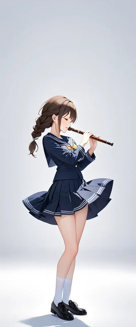 (((White background:1.5)))、(((A high school girl playing the flute sideways:1.5)))),(The entire subject is captured),(((full body:1.2))),(((wide shot:1.2)))、(((masterpiece、Ultra HD、Highest quality、Masterpiece、8k:1.5)))、Slender body, Highly detailed fingers...