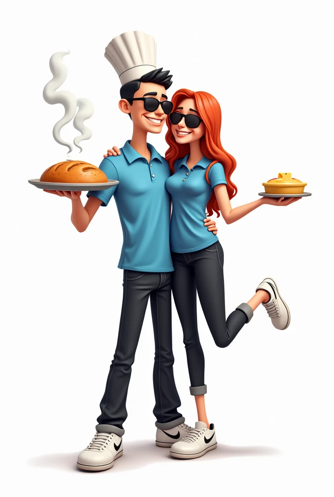 Create a cartoonish character with a white background of medium height, light skin color, Sunglasses, black hair color, blue polo shirt, black denim pants, white Nike tennis shoes, Put on a white baking hat, Place a bread tray in one hand with smoke coming...