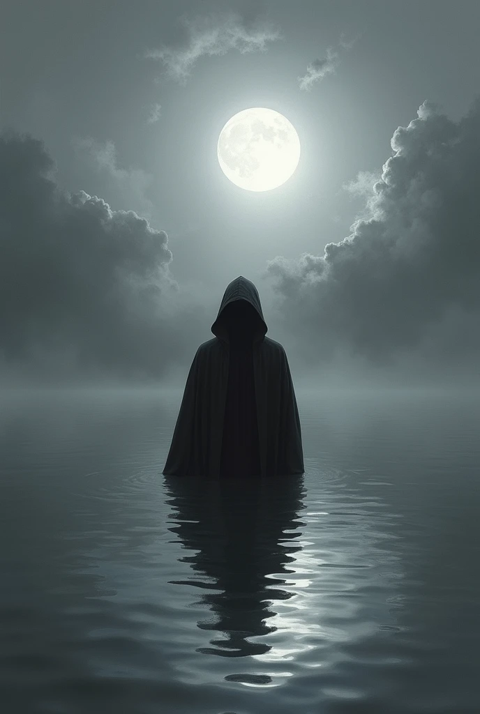 painting, only shades of grey, water surface ,man with black robe , only head with hood is visible because under water. The moon is shining and clouds are gathering