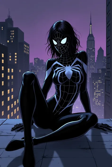 female spidersona in a black and white suit with mask on chilling in a sitting position on a rooftop in new york at a purple blue themed night comic style