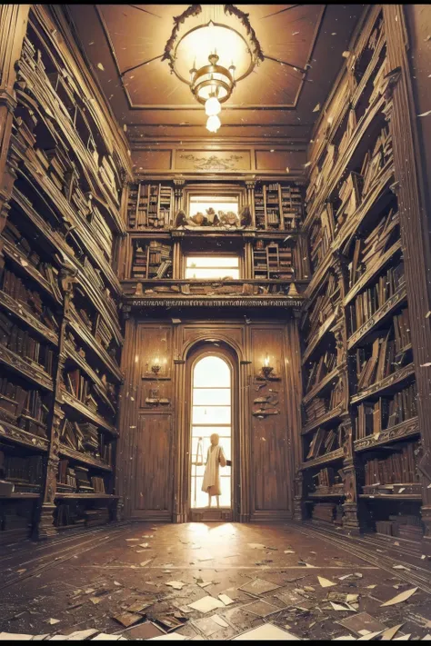 draw a detailed picture of an ancient gothic library at midnight. expensive, dark wooden bookcases reach all the way to the ceil...